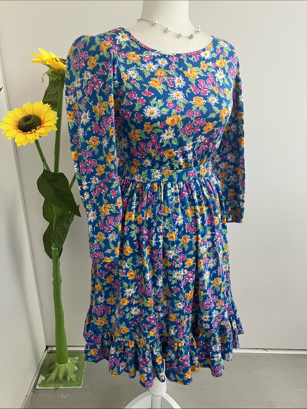 Vintage 80s 90s Blue, Pink, & Orange Floral Ruffly Skirt & Top Matching Set
